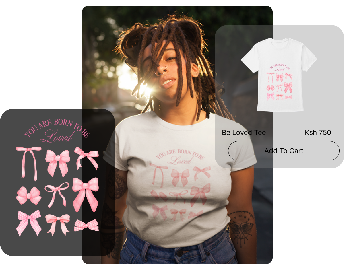 A store associate stands behind a checkout counter holding a POS smartphone. On the counter, there’s a point of sale tablet and Shopify POS Terminal. Two overlapping images include one that identifies an item’s delivery being tracked, while the other displays an online product image of a shoe with its pricing.